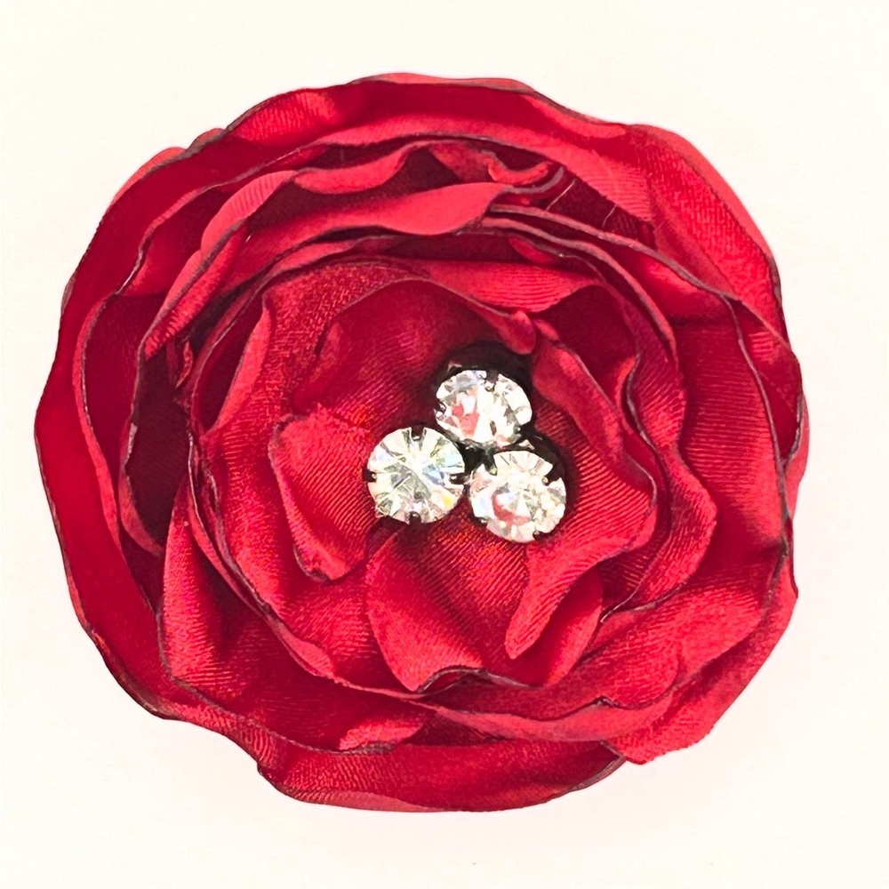 Red Satin Hair Flower with repurposed Crystal Accents